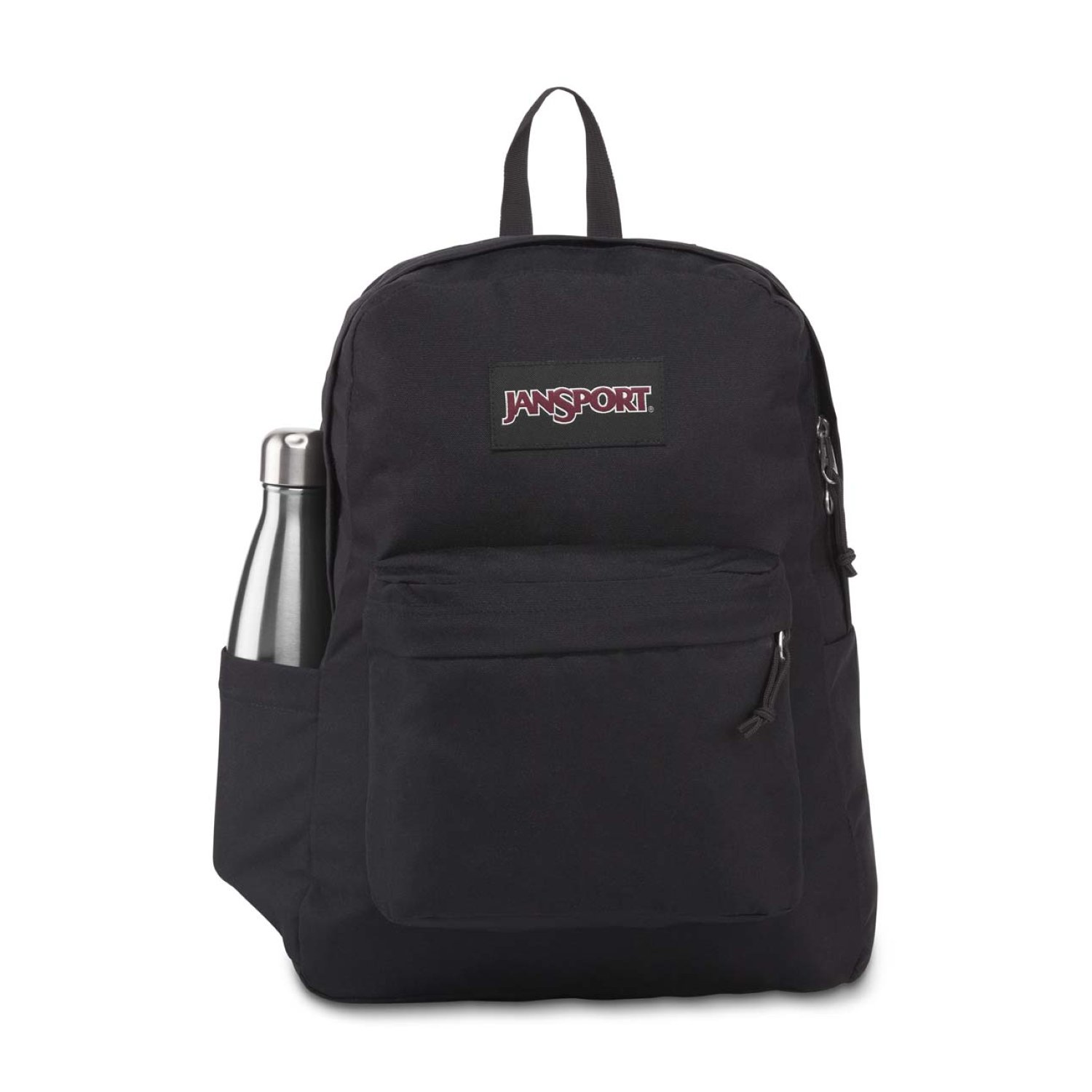 black jansport backpack with water bottle holder